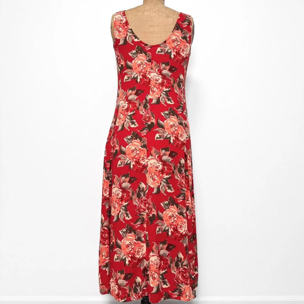 90s Vintage Express Red Floral Sleeveless Maxi Dress Size 9/10 Medium - Picture 2 of 15